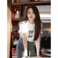 summer new embroidery 80 mercerized cotton slim simple short-sleeved T-shirt women's round neck embroidered cat