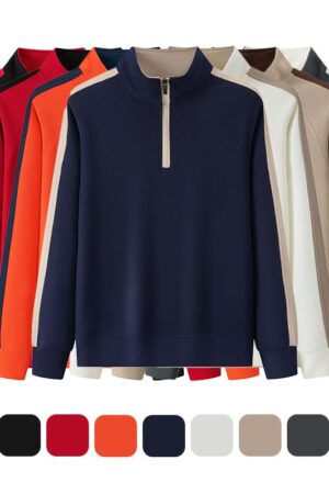 DVST3818 Fashion Fleece-Lined Pineapple Grid Contrast Sleeve Half-Zip Stand Collar Sweatshirt