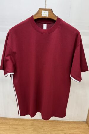 D Athens Series Drop Shoulder Loose Fit High Cotton Blend Double-Face Contrast Stripes Crew Neck T-Shirt